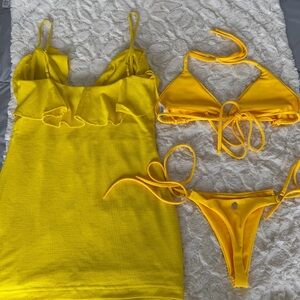 Yellow Ruffle Tank Dress with Matching Yellow Triangle Bikini
